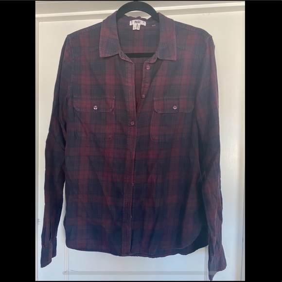 Paige red & blue Plaid Button Down Flannel blouse country western winter fall M - Picture 7 of 9